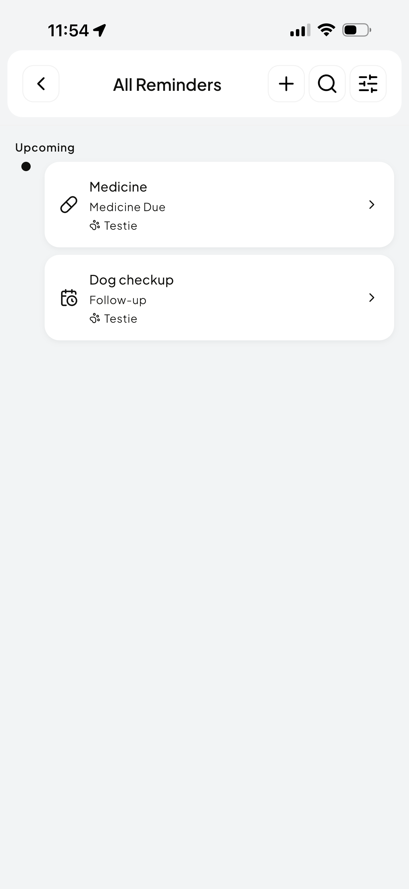 Wolfie Reminders screen