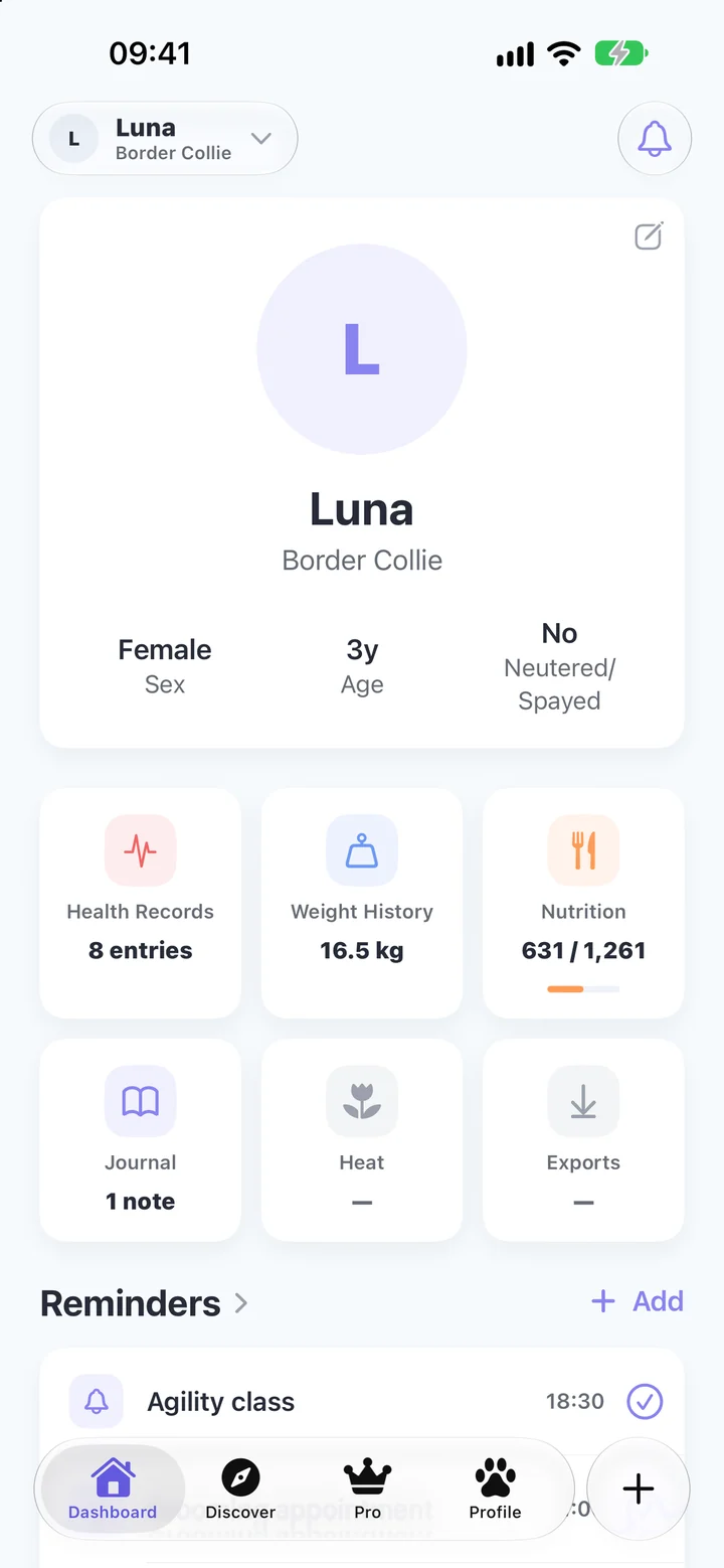 All about your pet — Profile, health, weight and reminders in one place