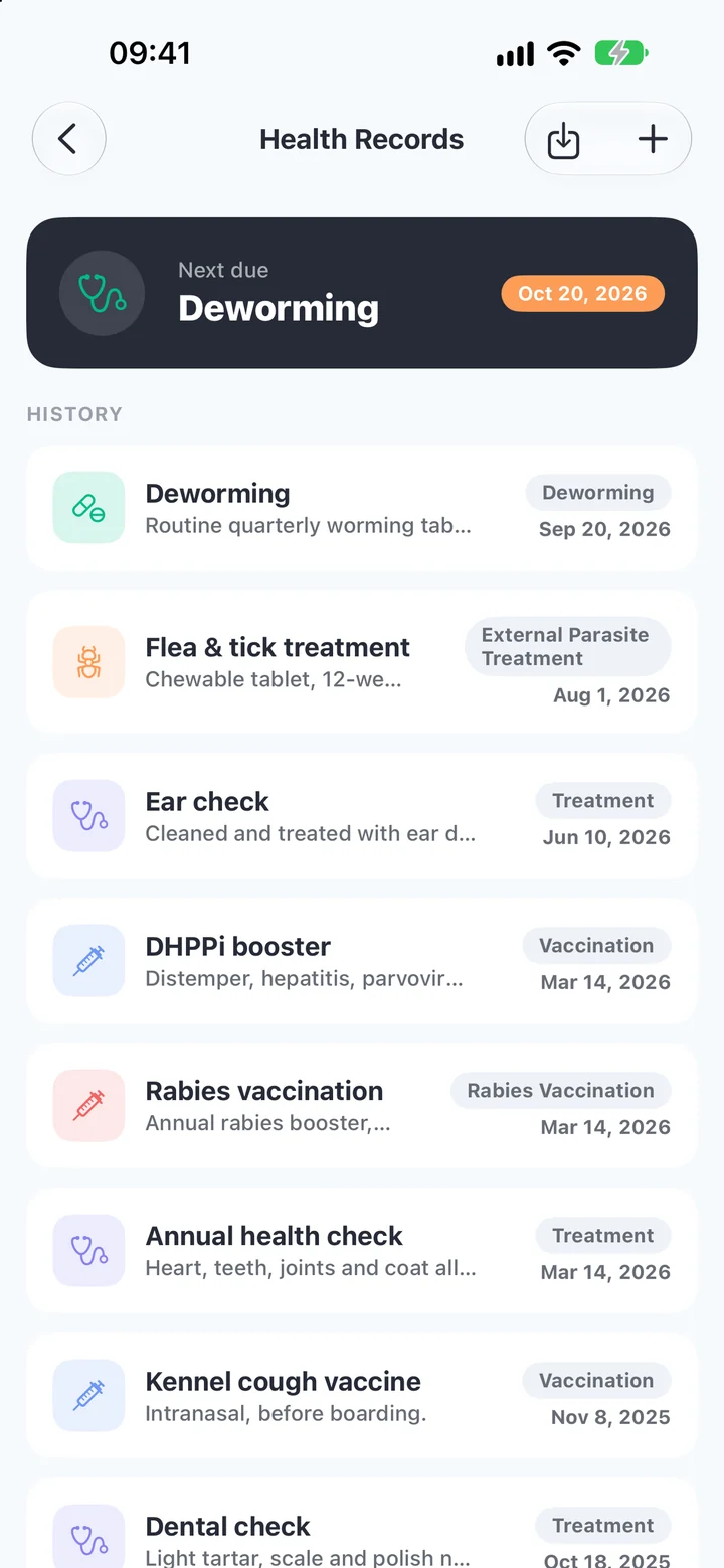 Every visit, on record — Vaccinations, medications and vet visits, ready as a PDF