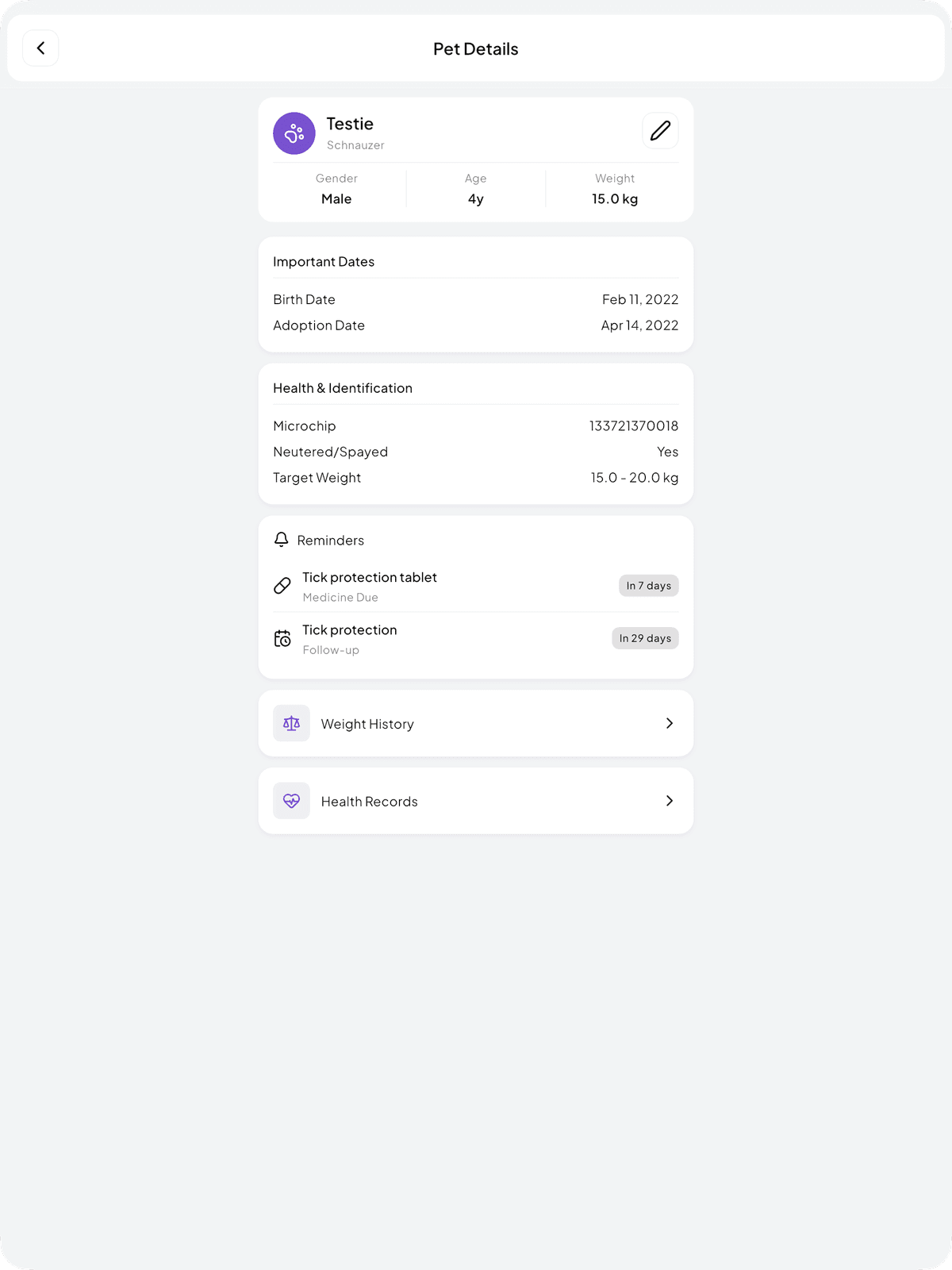 Pet Details on tablet